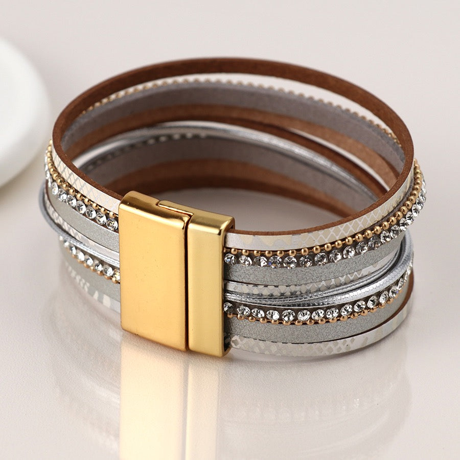 POM Silver Grey Snake & Gold Metallic Crystal Multi Strand Magnetic Bracelet