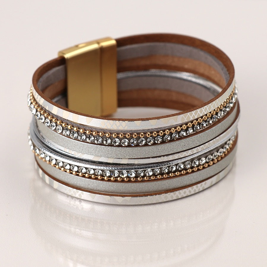 POM Silver Grey Snake & Gold Metallic Crystal Multi Strand Magnetic Bracelet