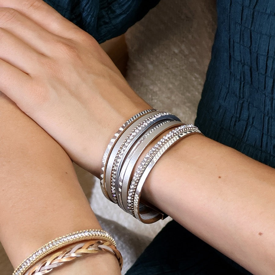POM Silver Grey Snake & Gold Metallic Crystal Multi Strand Magnetic Bracelet