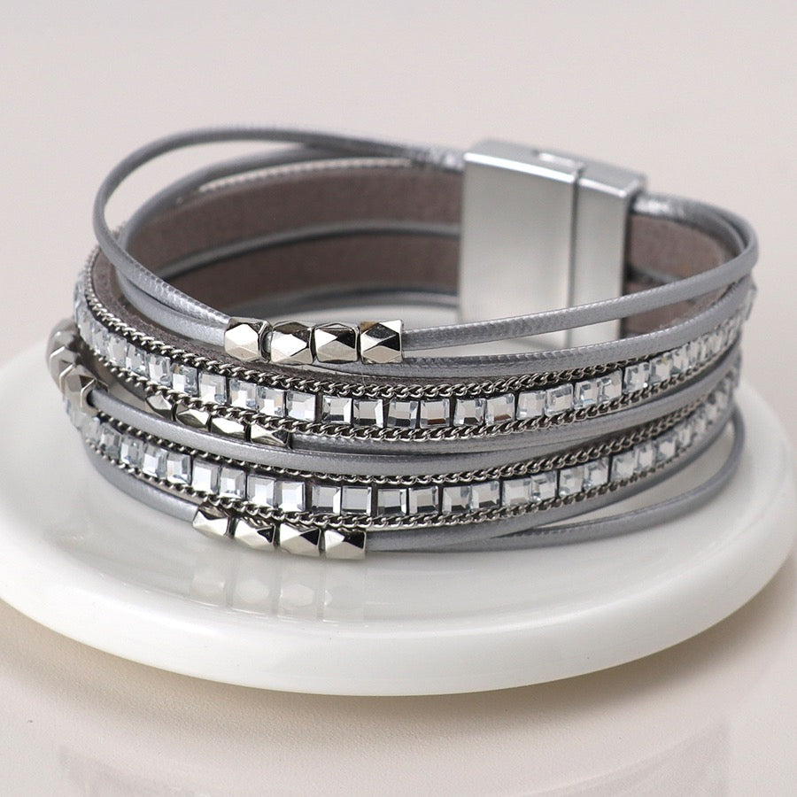POM Grey Leather & Square Glass Crystals Multi Strand Magnetic Bracelet
