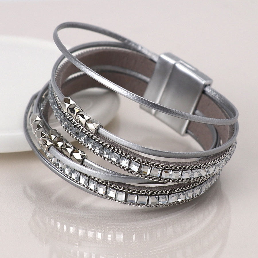 POM Grey Leather & Square Glass Crystals Multi Strand Magnetic Bracelet