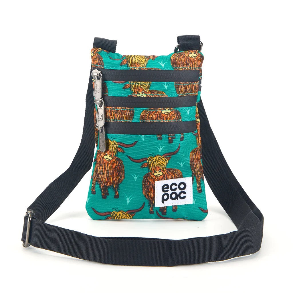 Eco Chic Recycled Phone Canvas Crossbody Bag - Highland Cow - Teal