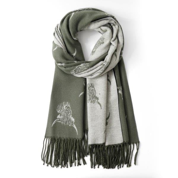 Olive Green & Grey Highland Cow Reversible Tassel Scarf - Cashmere Blend