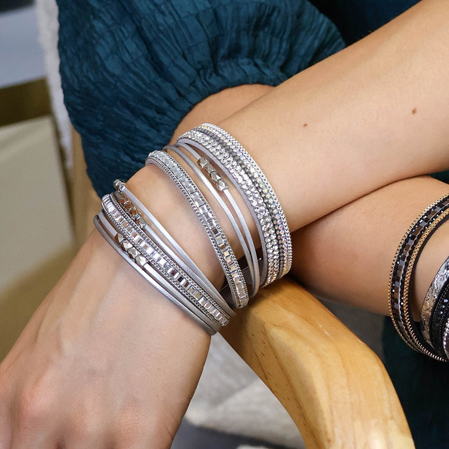 POM Grey Leather & Square Glass Crystals Multi Strand Magnetic Bracelet