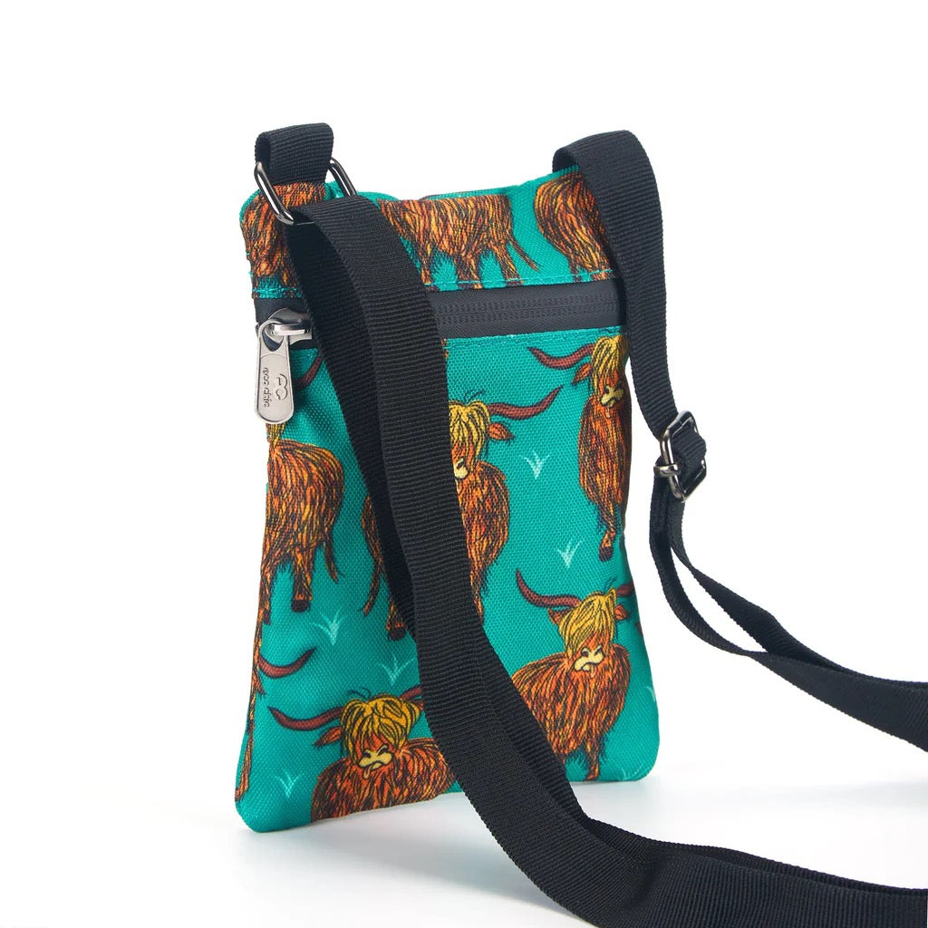 Eco Chic Recycled Phone Canvas Crossbody Bag - Highland Cow - Teal