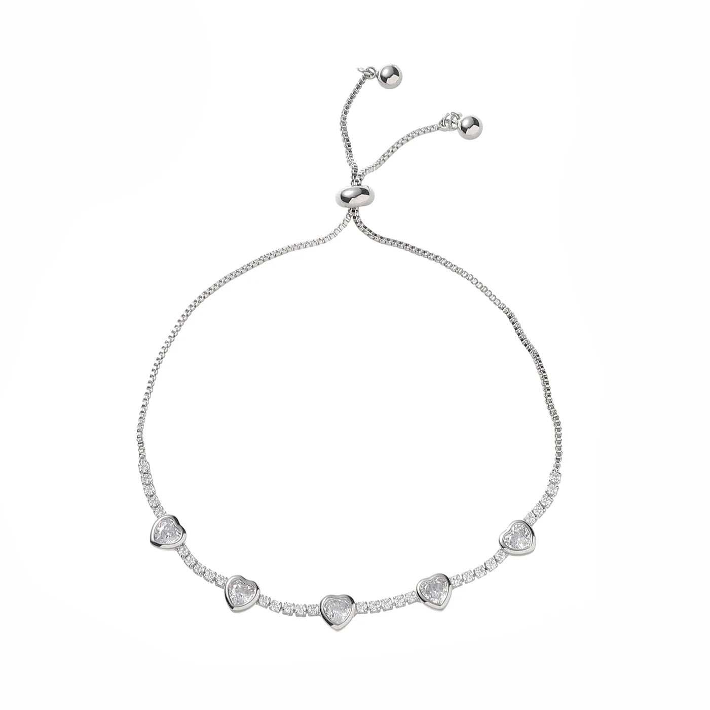 Park Lane Sparkly CZ Crystal & Hearts Slider Adjustable Bracelet - Silver (Rhodium)