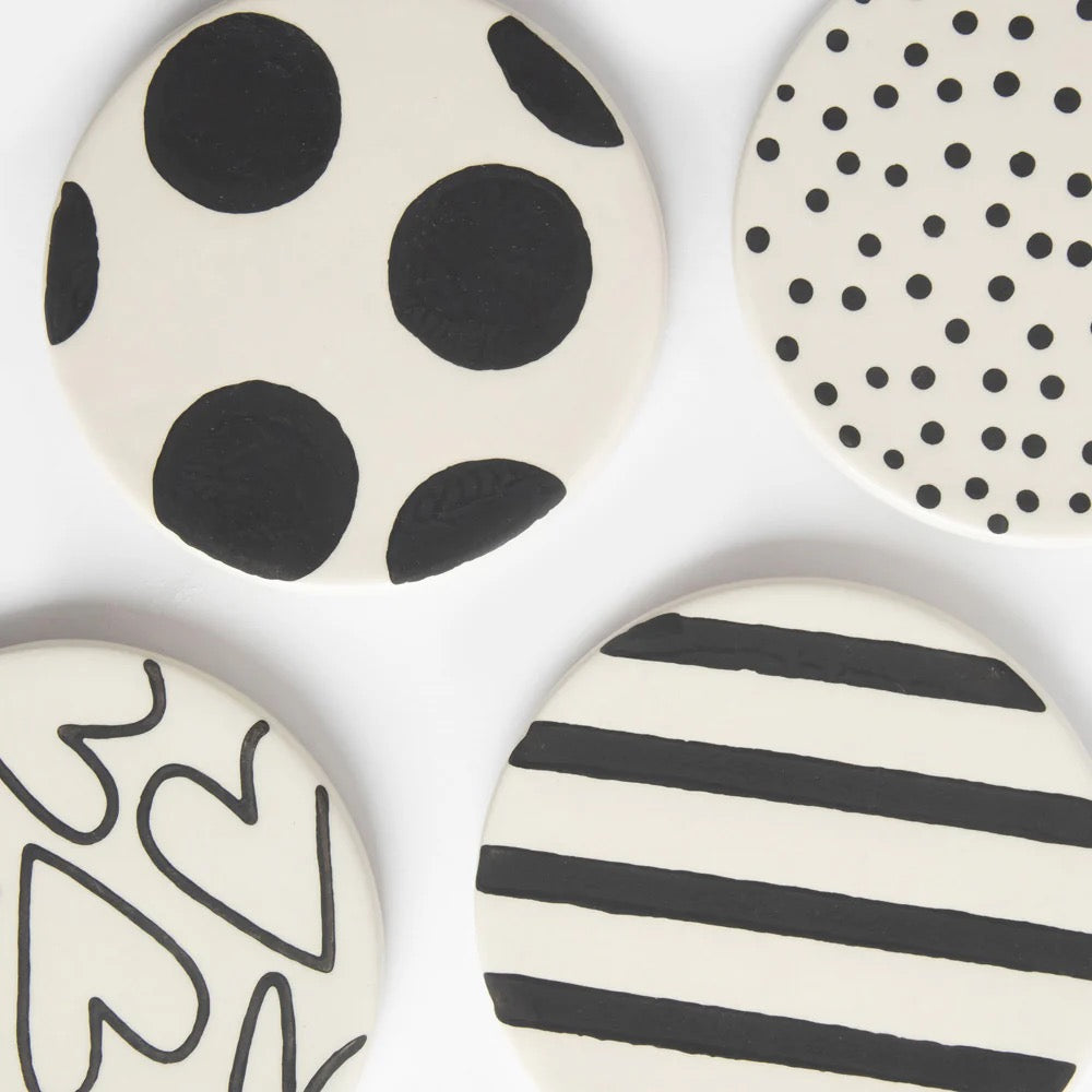 Caroline Gardner Mono Print Stoneware Round Coasters (Set of 4)