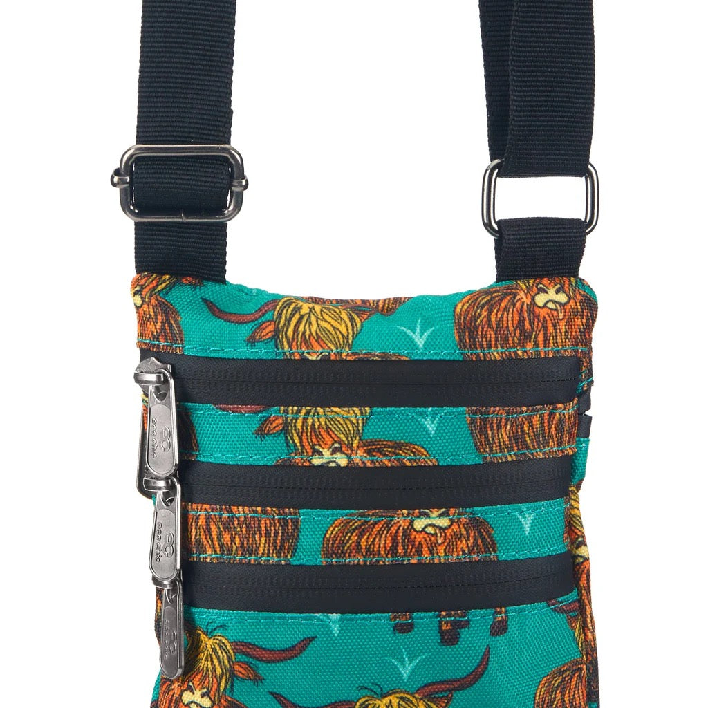 Eco Chic Recycled Phone Canvas Crossbody Bag - Highland Cow - Teal
