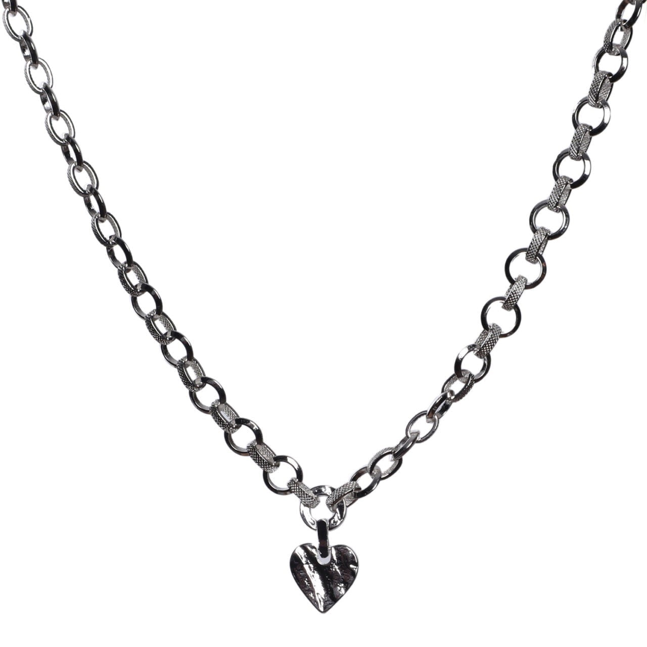 Zelly Silver Link T-Bar Necklace with Textured Heart Charm