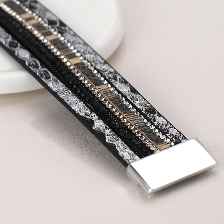 POM Black & Grey Mix Faux Snakeskin & Crystals Multi Strand Magnetic Bracelet