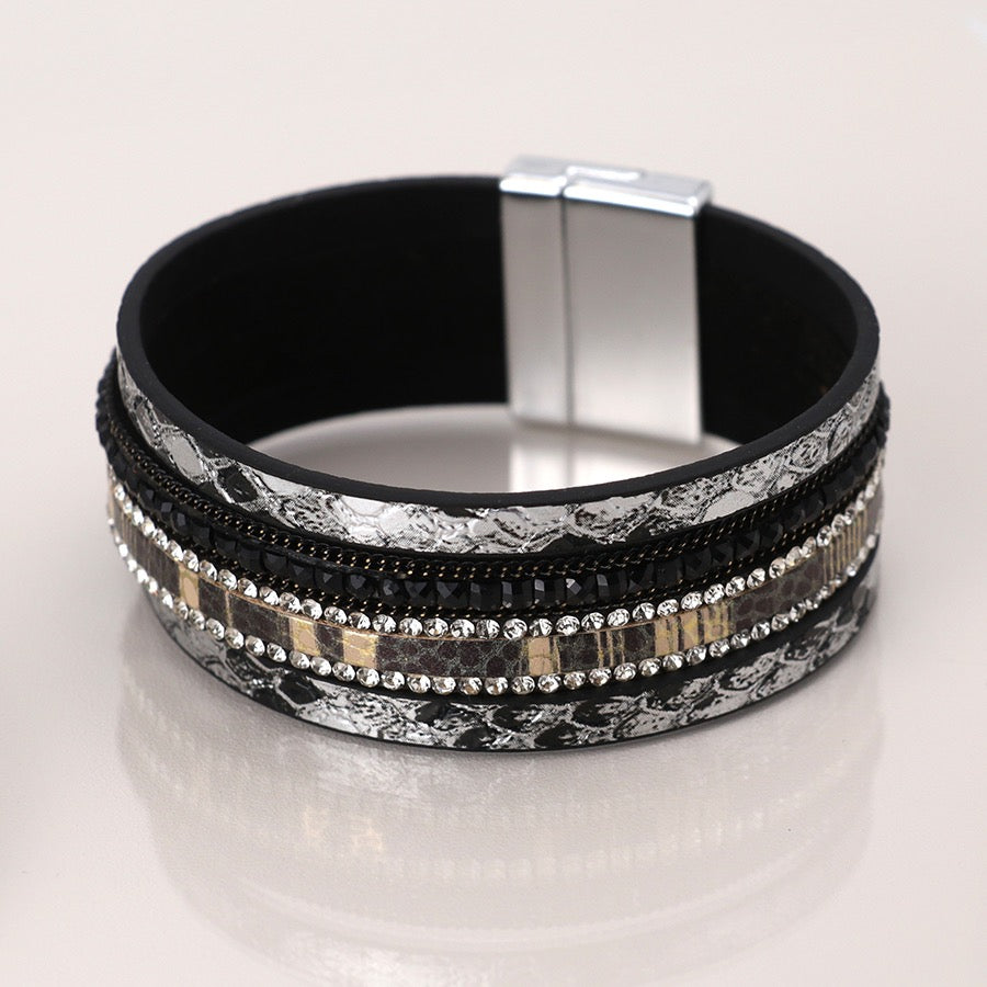 POM Black & Grey Mix Faux Snakeskin & Crystals Multi Strand Magnetic Bracelet