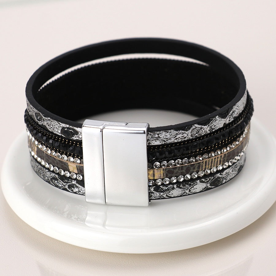 POM Black & Grey Mix Faux Snakeskin & Crystals Multi Strand Magnetic Bracelet