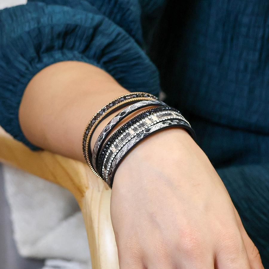 POM Black & Grey Mix Faux Snakeskin & Crystals Multi Strand Magnetic Bracelet