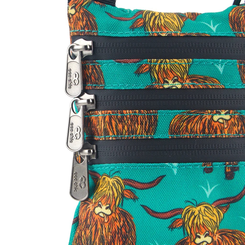 Eco Chic Recycled Phone Canvas Crossbody Bag - Highland Cow - Teal