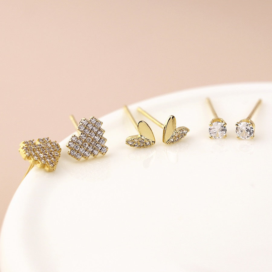 POM Golden Hearts & Round Studs Earring Set - Set of 3