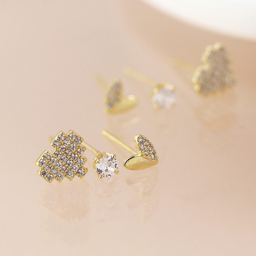 POM Golden Hearts & Round Studs Earring Set - Set of 3
