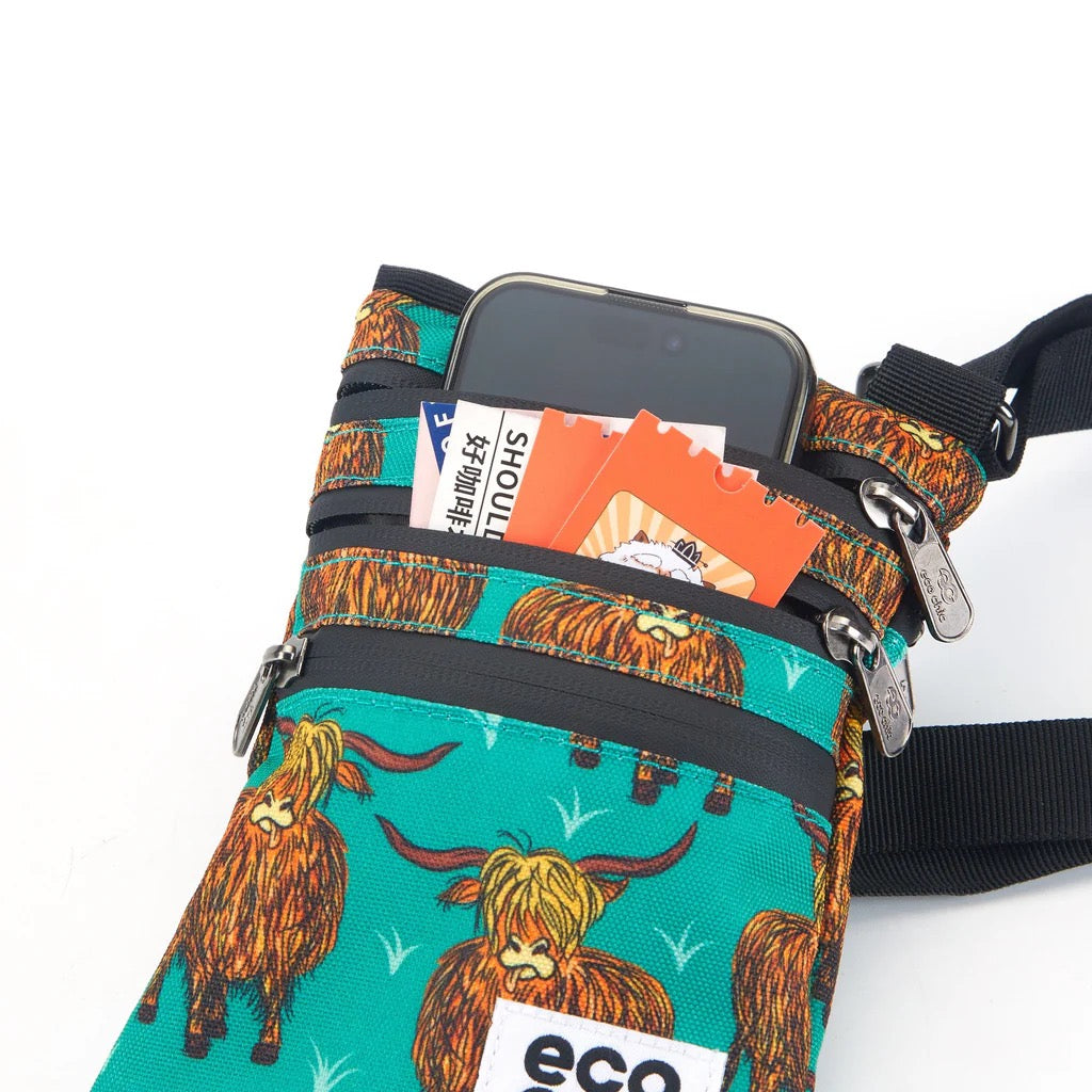 Eco Chic Recycled Phone Canvas Crossbody Bag - Highland Cow - Teal