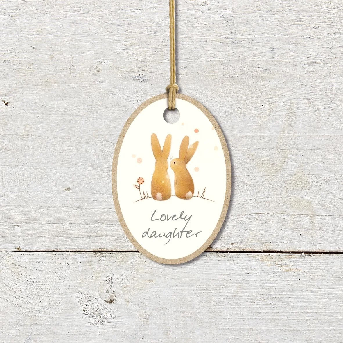 Small Oval Hanging Wood Plaque - Lovely Daughter (Rabbits)- Ginger Betty