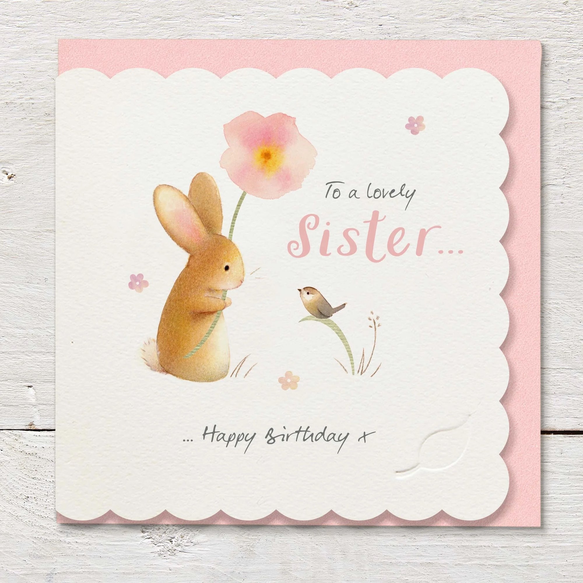 Ginger Betty - To a Lovely Sister (Rabbit & Bird) - Scalloped Edge - Birthday Card