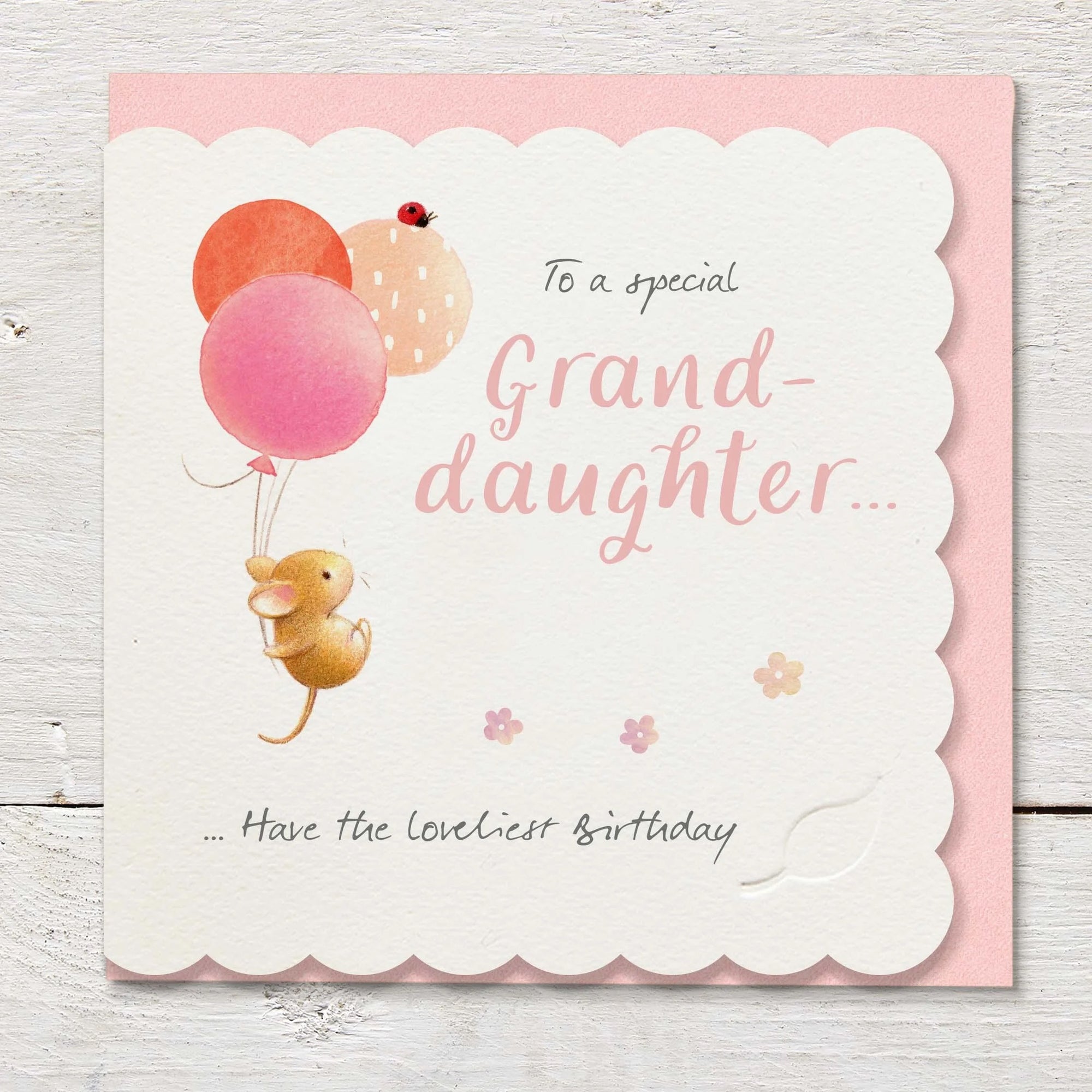 Ginger Betty - Special Granddaughter (Mouse Balloons) -Scalloped Edge - Birthday Card