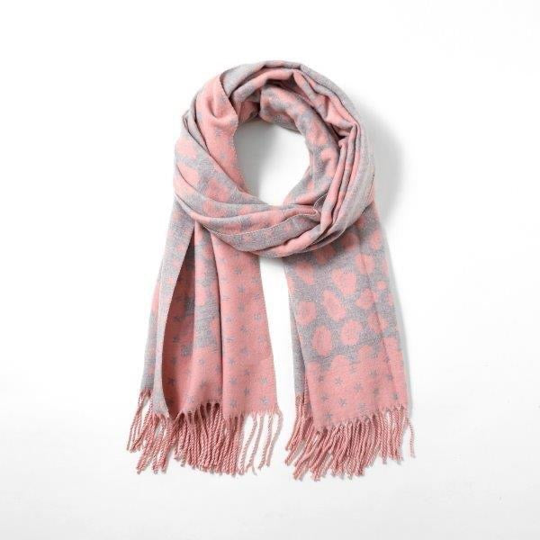 Pink & Grey Leopard & Star Reversible Tassel Scarf - Cashmere Blend