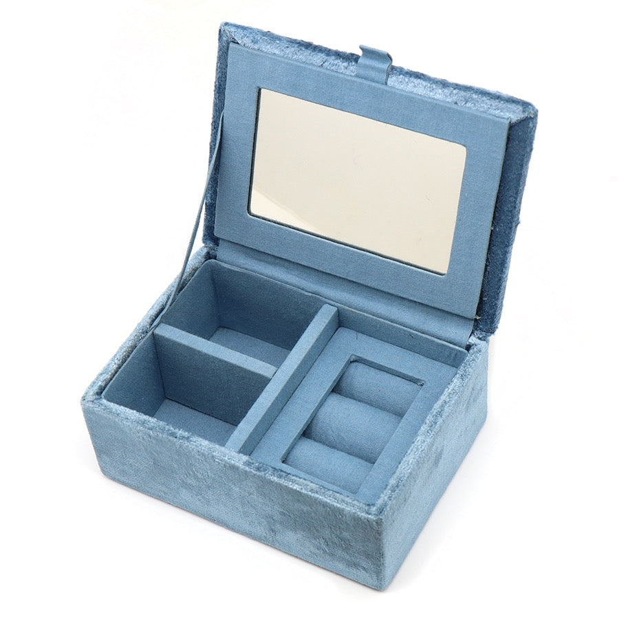 POM Dusky Blue Velvet - Robin & Holly - Embroidered Small Jewellery Box