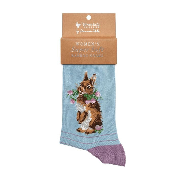 'Head Clover Heels' Rabbit Ladies Ankle Bamboo Socks - Blue - Wrendale Designs