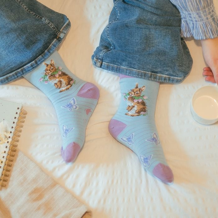 'Head Clover Heels' Rabbit Ladies Ankle Bamboo Socks - Blue - Wrendale Designs