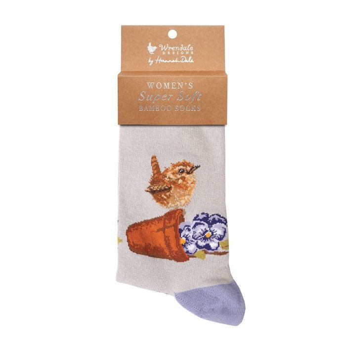 'Pottering About' Wren Ladies Ankle Bamboo Socks - Grey -  Wrendale Designs