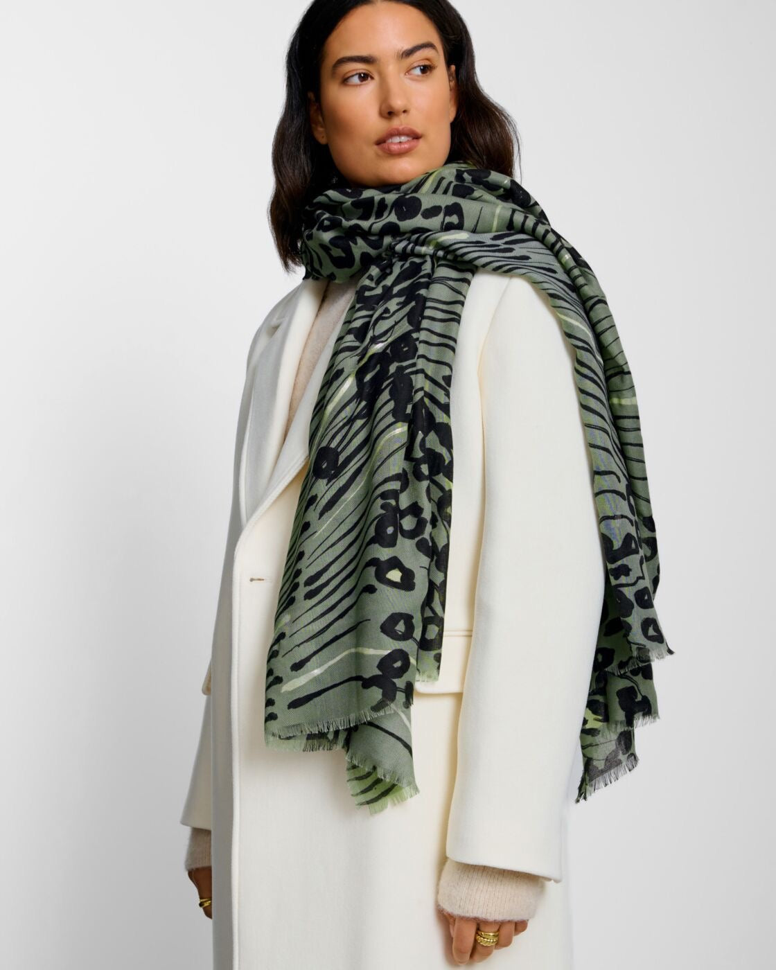 Katie Loxton Printed Foil Scarf - Abstract Animal - Khaki Green/Black/Silver