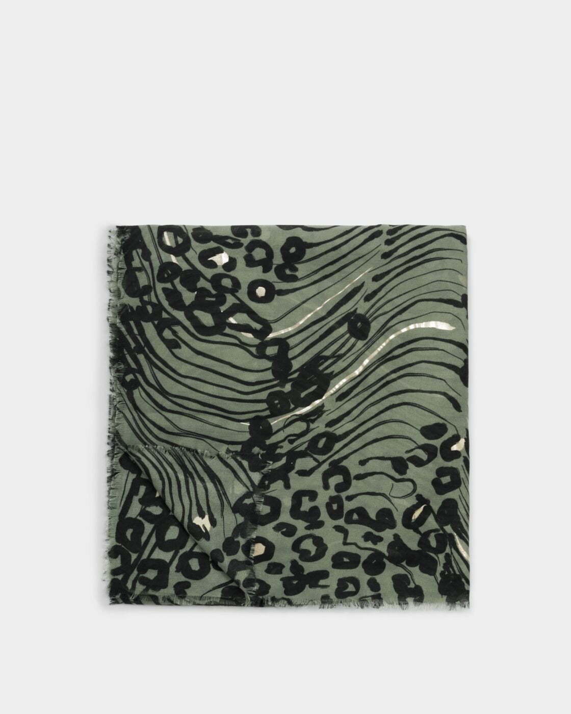 Katie Loxton Printed Foil Scarf - Abstract Animal - Khaki Green/Black/Silver