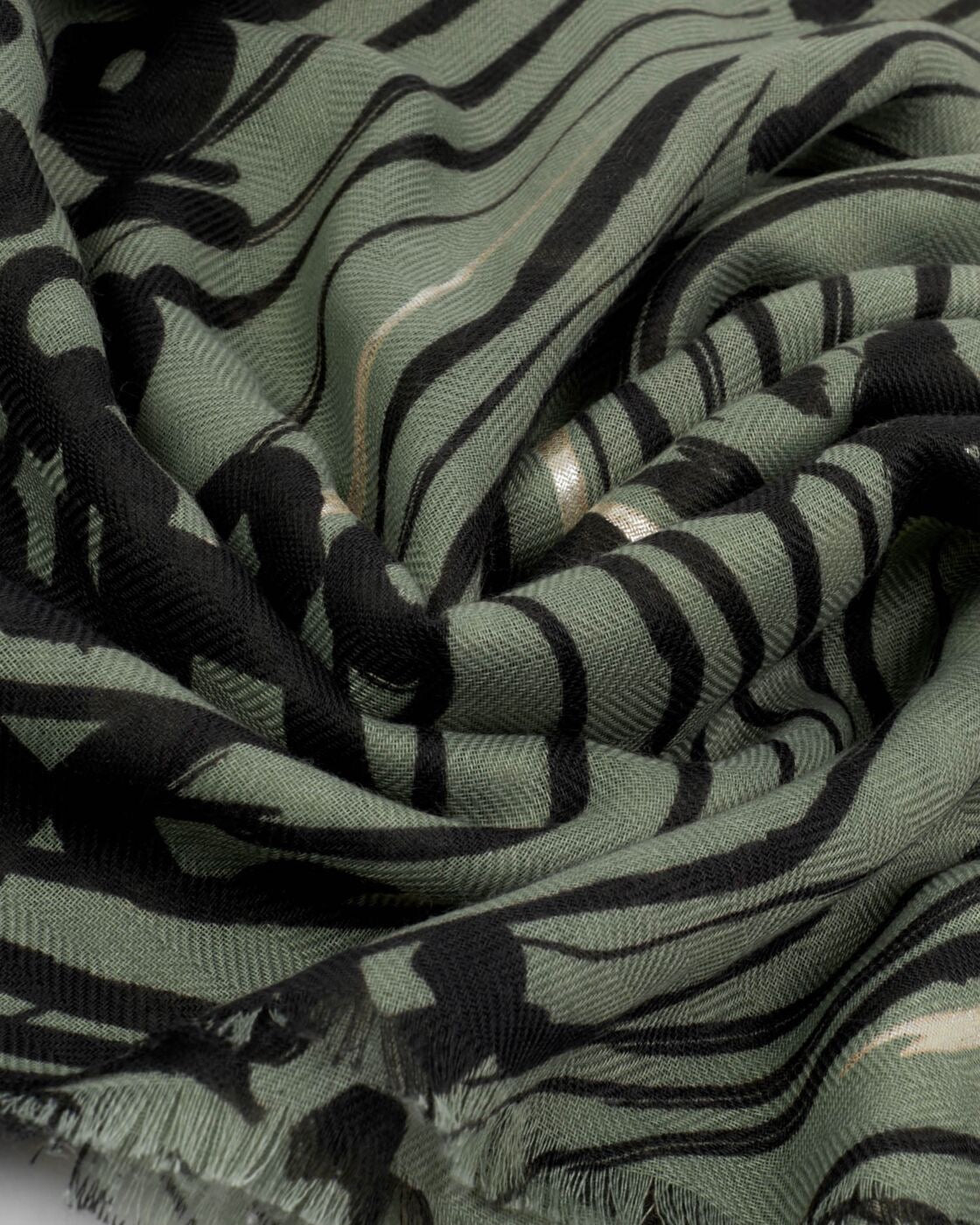 Katie Loxton Printed Foil Scarf - Abstract Animal - Khaki Green/Black/Silver