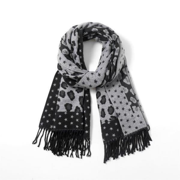 Black & Grey Leopard & Star Reversible Tassel Scarf - Cashmere Blend