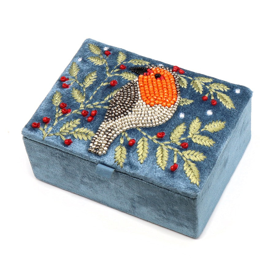 POM Dusky Blue Velvet - Robin & Holly - Embroidered Small Jewellery Box