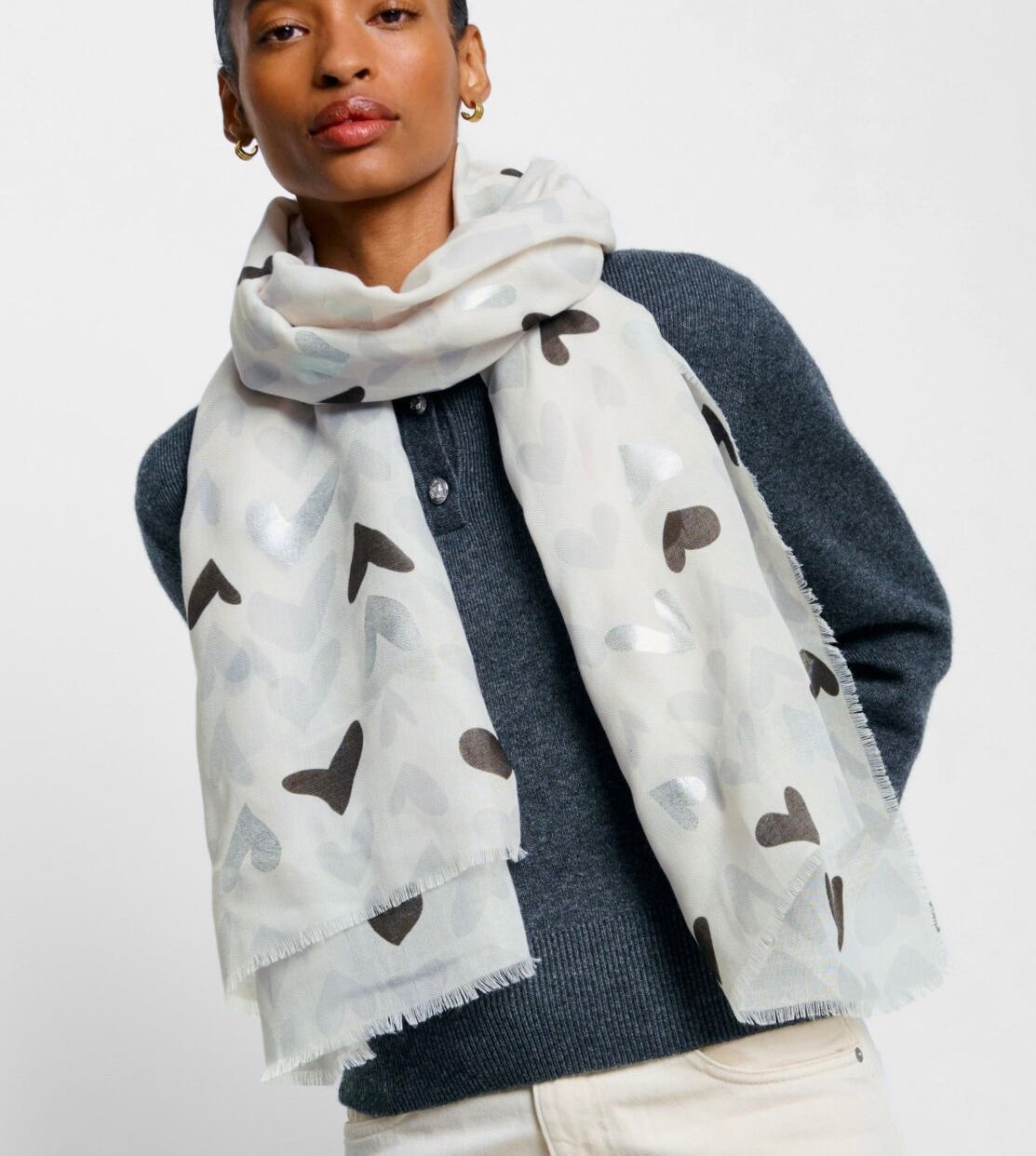 Katie Loxton Printed Foil Scarf - Abstract Heart - Moonstone Grey/Black/Silver