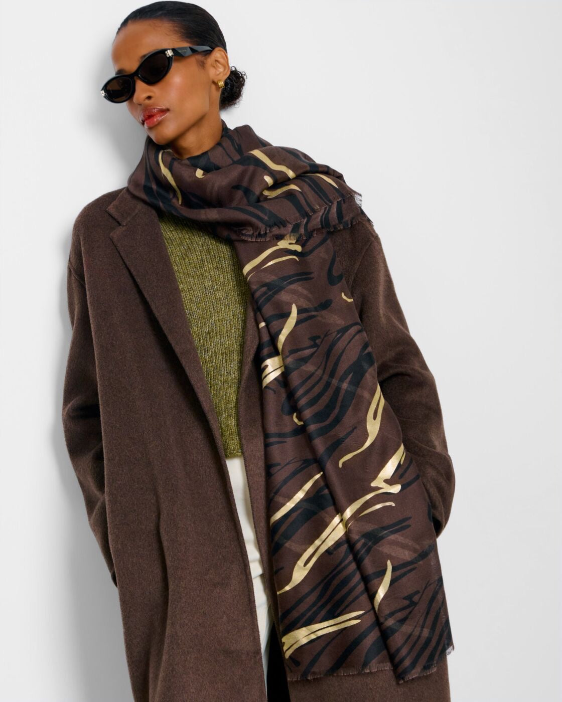 Katie Loxton Printed Foil Scarf -Zebra Chocolate/Black/Gold