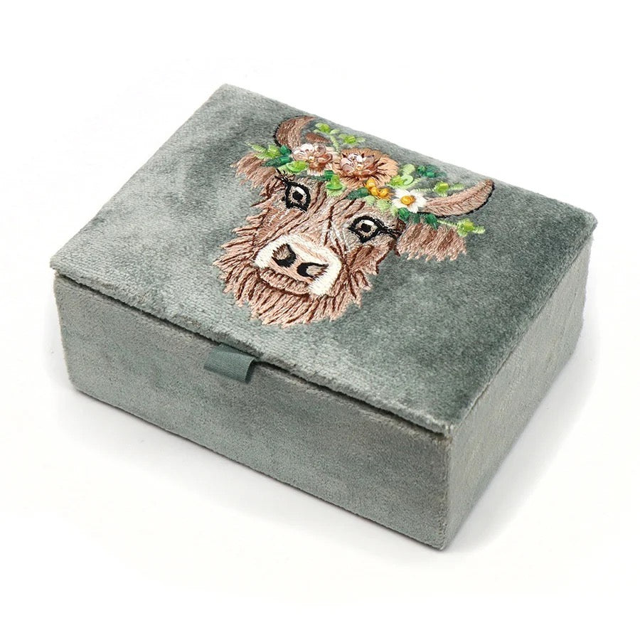 POM Seafoam Velvet Highland Cow Embroidered Small Jewellery Box
