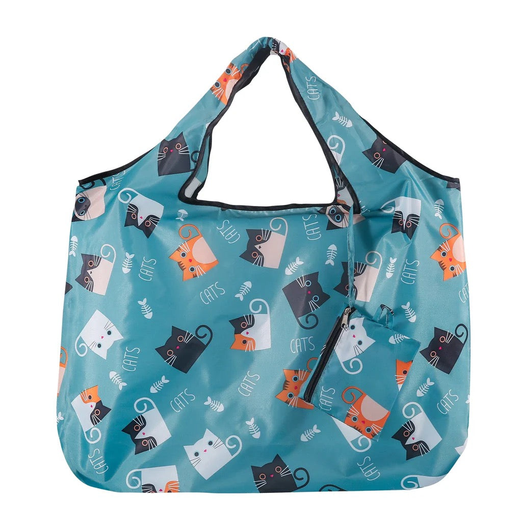 Eco Chic NEW Large Foldable Recycled Shopping Bag - Cartoon Cat - Blue