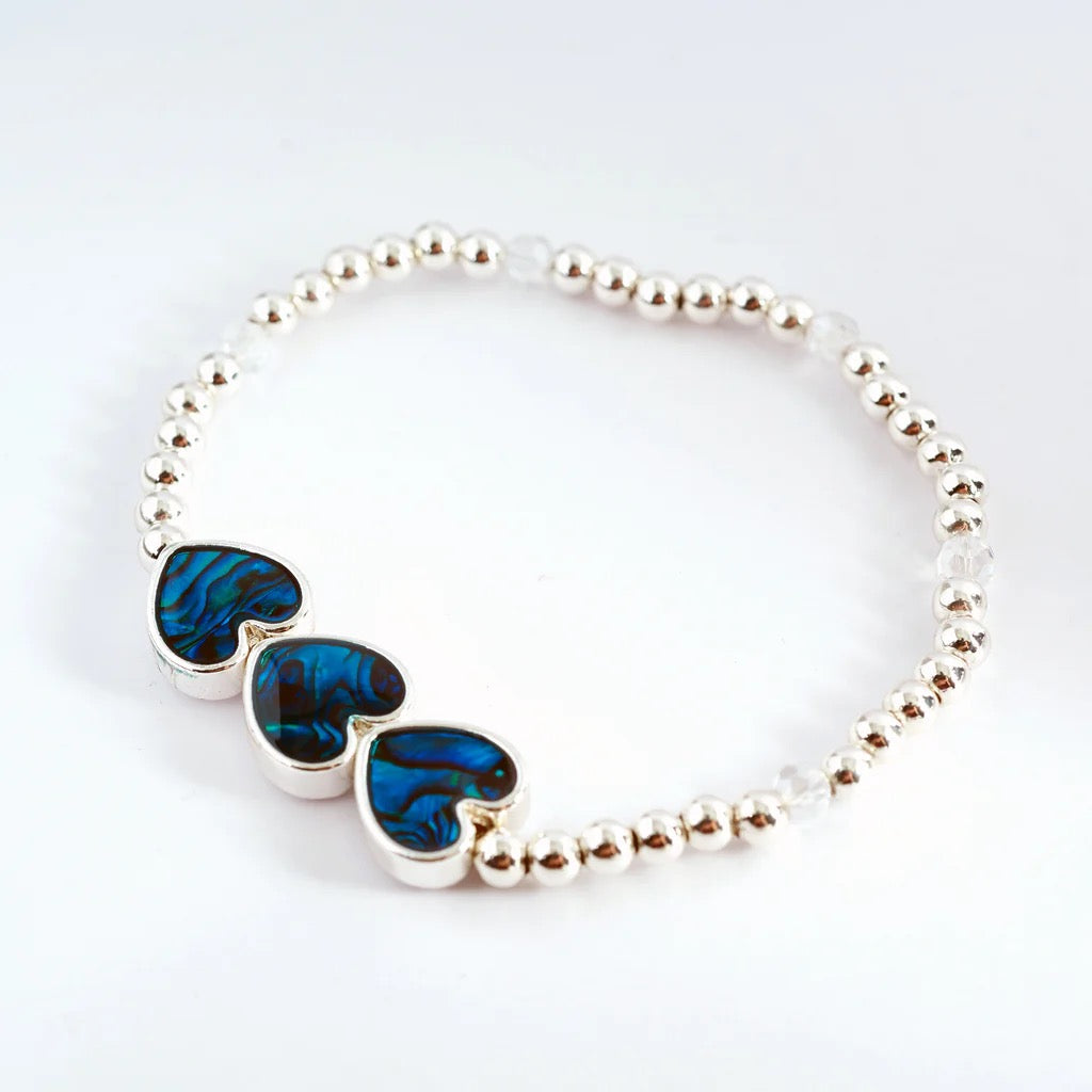 Byzantium Paua Shell & Silver Beaded Stretch Bracelet - 3 Hearts