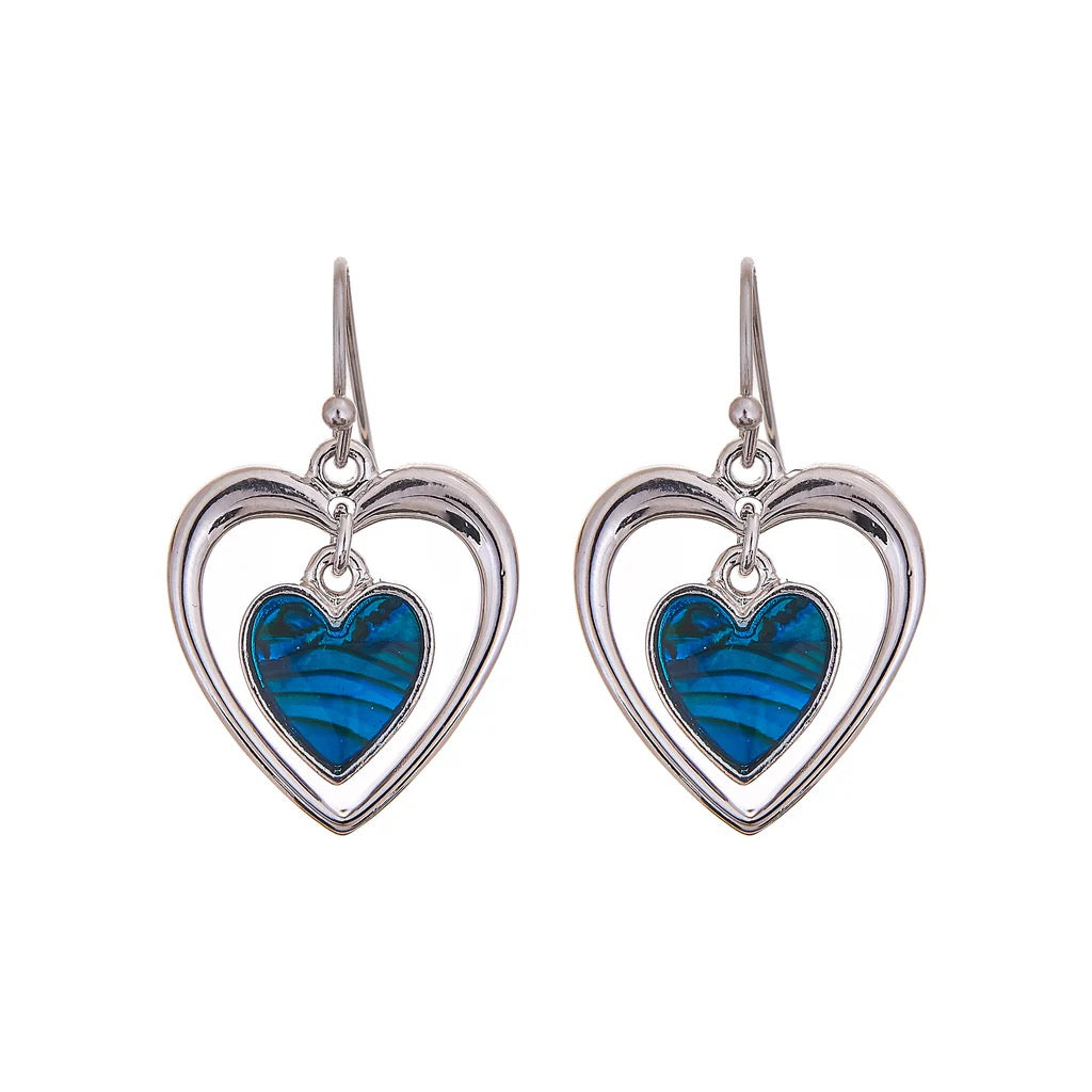 Byzantium Paua Shell Drop Earrings - Heart Within Heart