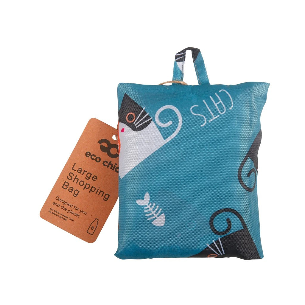 Eco Chic NEW Large Foldable Recycled Shopping Bag - Cartoon Cat - Blue