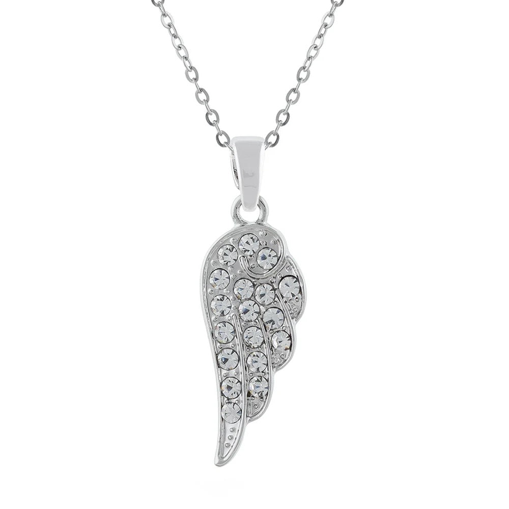 Byzantium Sparkling Encrusted Crystal Angel Wing Pendant Necklace - Silver