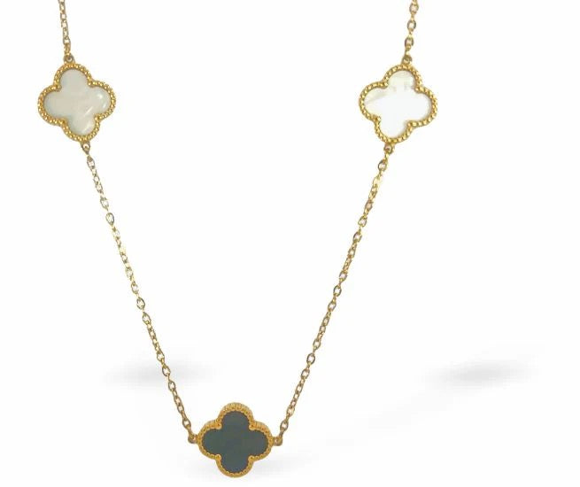 Byzantium Triple Four Leaf Clover Pendant Necklace - Black/White/Gold