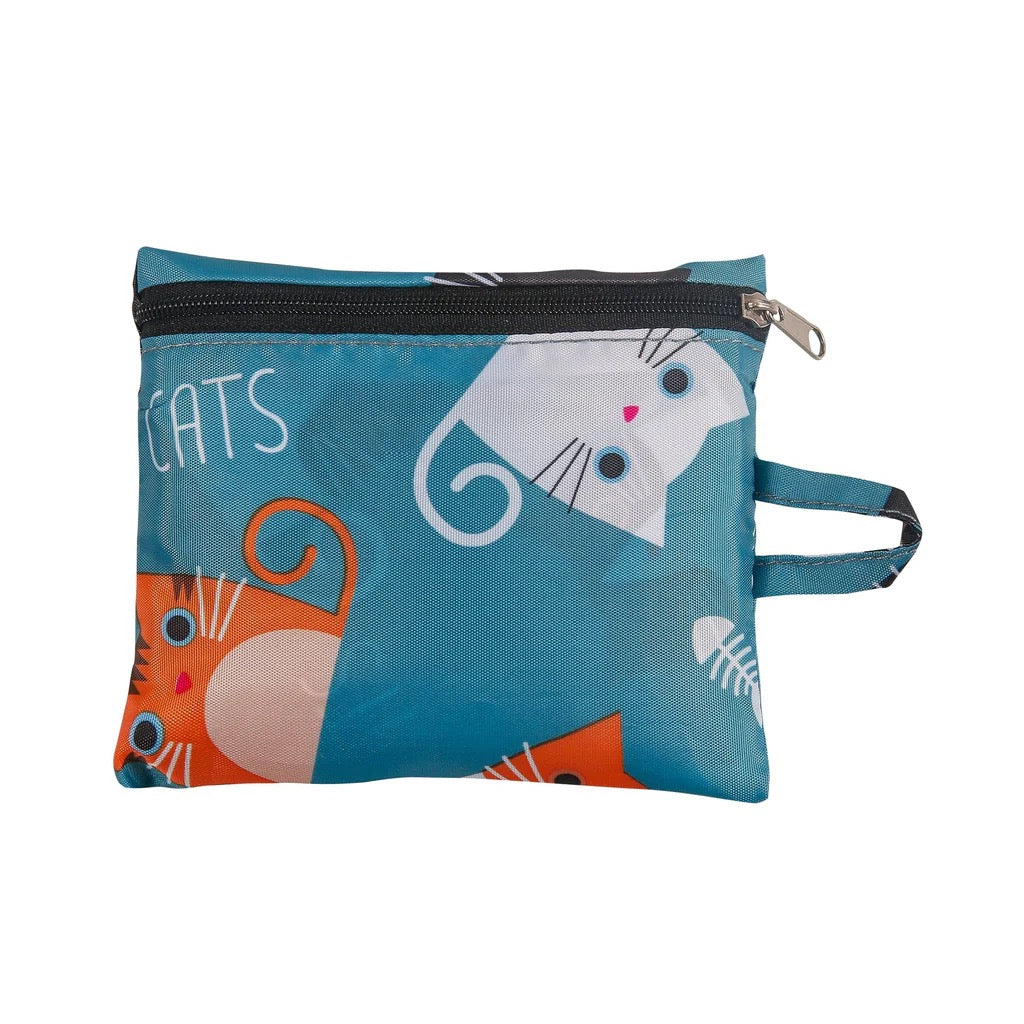 Eco Chic NEW Large Foldable Recycled Shopping Bag - Cartoon Cat - Blue