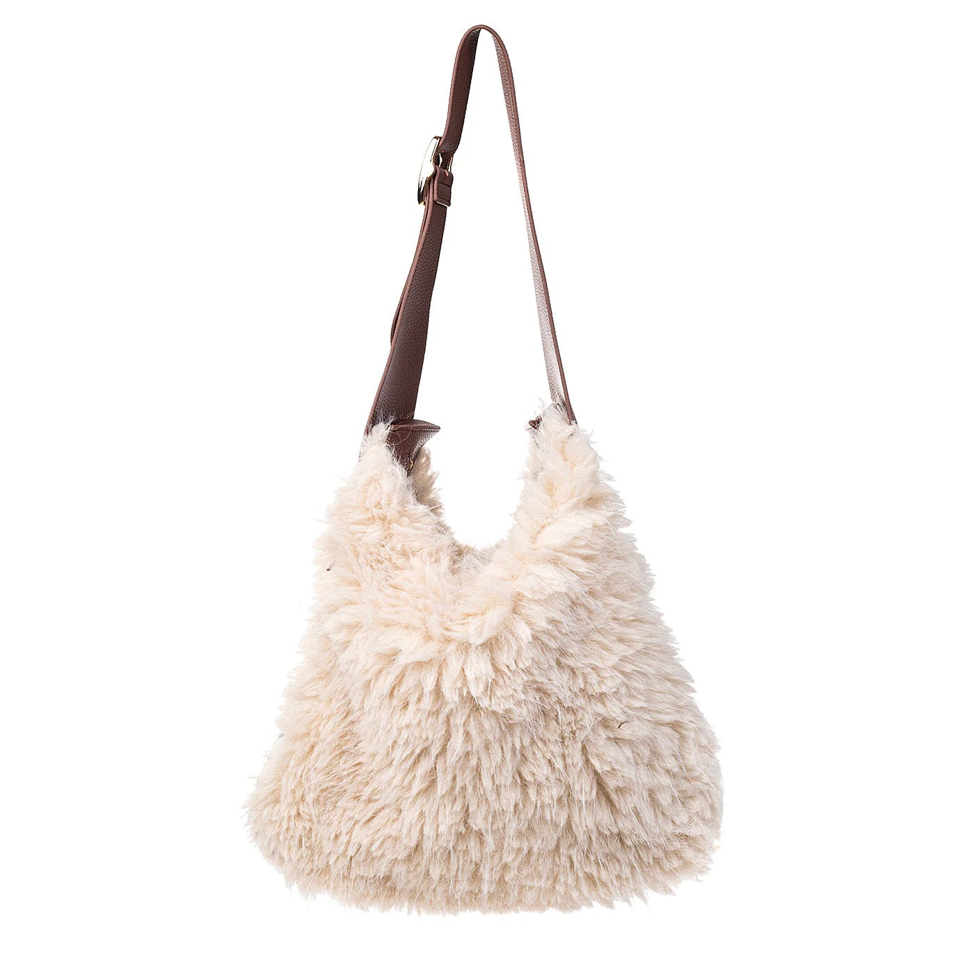 Park Lane - Faux Fur & Faux Leather - Large Slouch Shoulder Bag - Whipped Cream/Brown