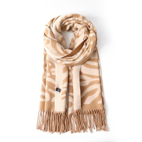 Leopard & Zebra - Beige & Ivory Reversible Tassel Scarf - Cashmere Blend