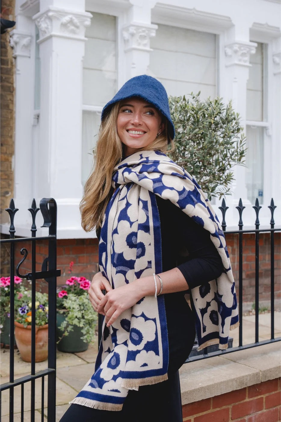 Park Lane Large Floral Print Luxury Cosy Scarf - Navy