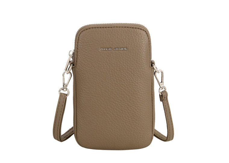 David Jones (NV6937-1) Single Phone Crossbody Handbag - Taupe - Silver fittings