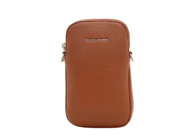 David Jones (NV6937-1) Single Phone Crossbody Handbag - Cognac Tan - Silver fittings
