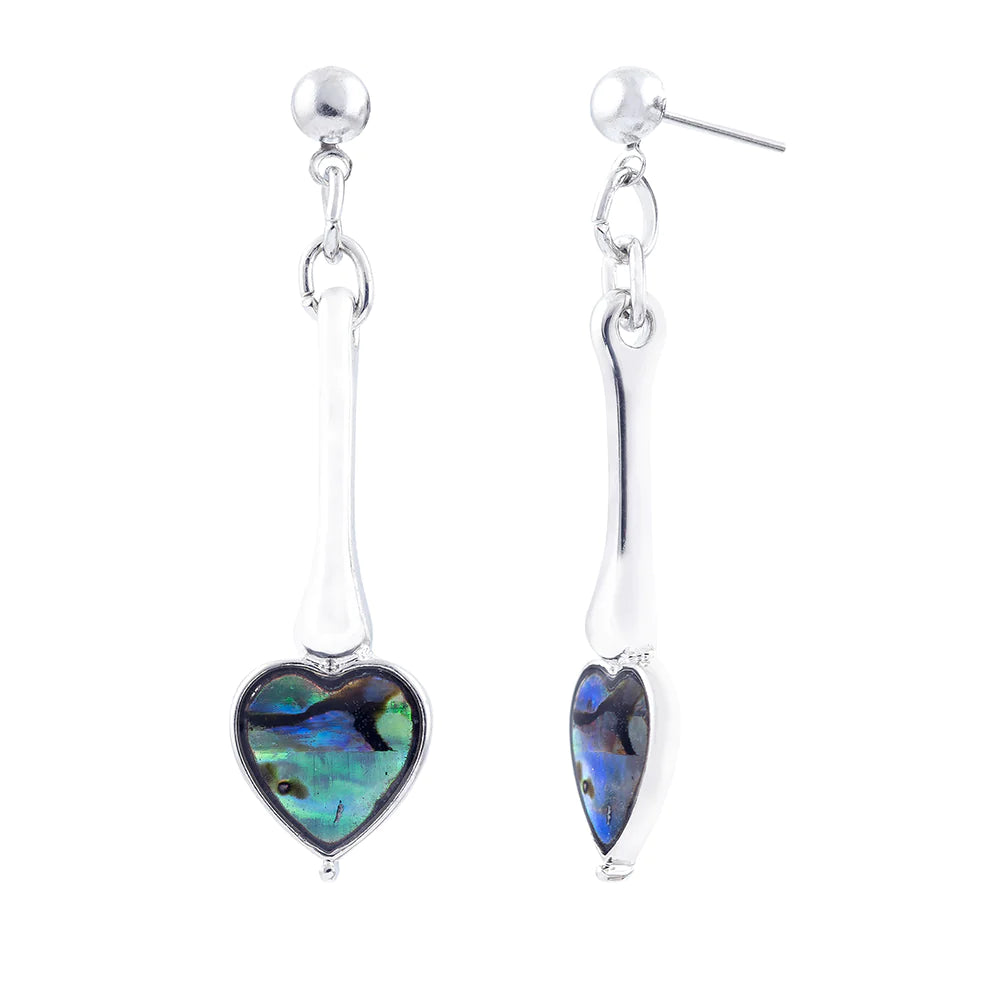 Byzantium Paua Shell Dangly Earrings -Long Heart Drop